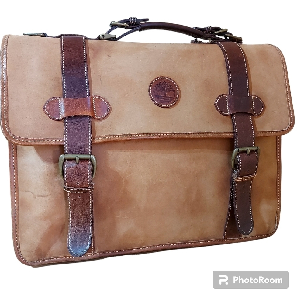 Vintage TIMBERLAND distress tan leather messenger bag briefcase satchel Unisex